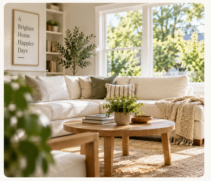 Sunlit living room with a cream sofa, wooden coffee table, and large windows