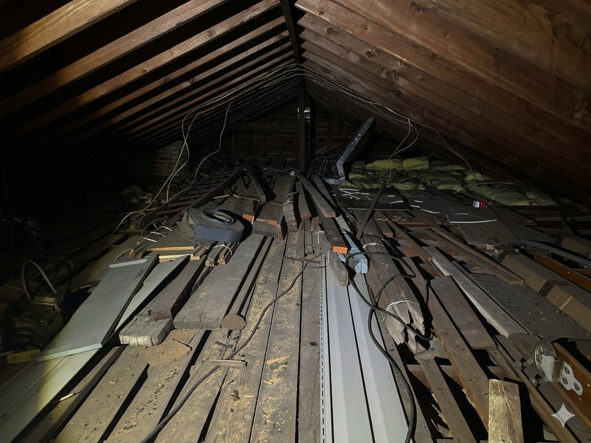 Before: cluttered, uninsulated attic with exposed rafters and old debris